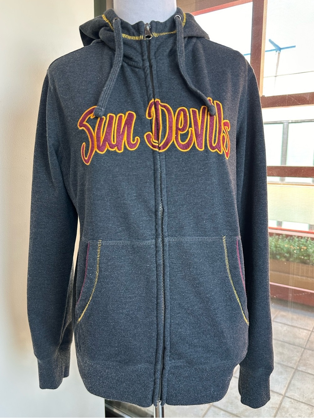 Sun Devils Charcoal Zip Hoodie with Gold & Maroon Script